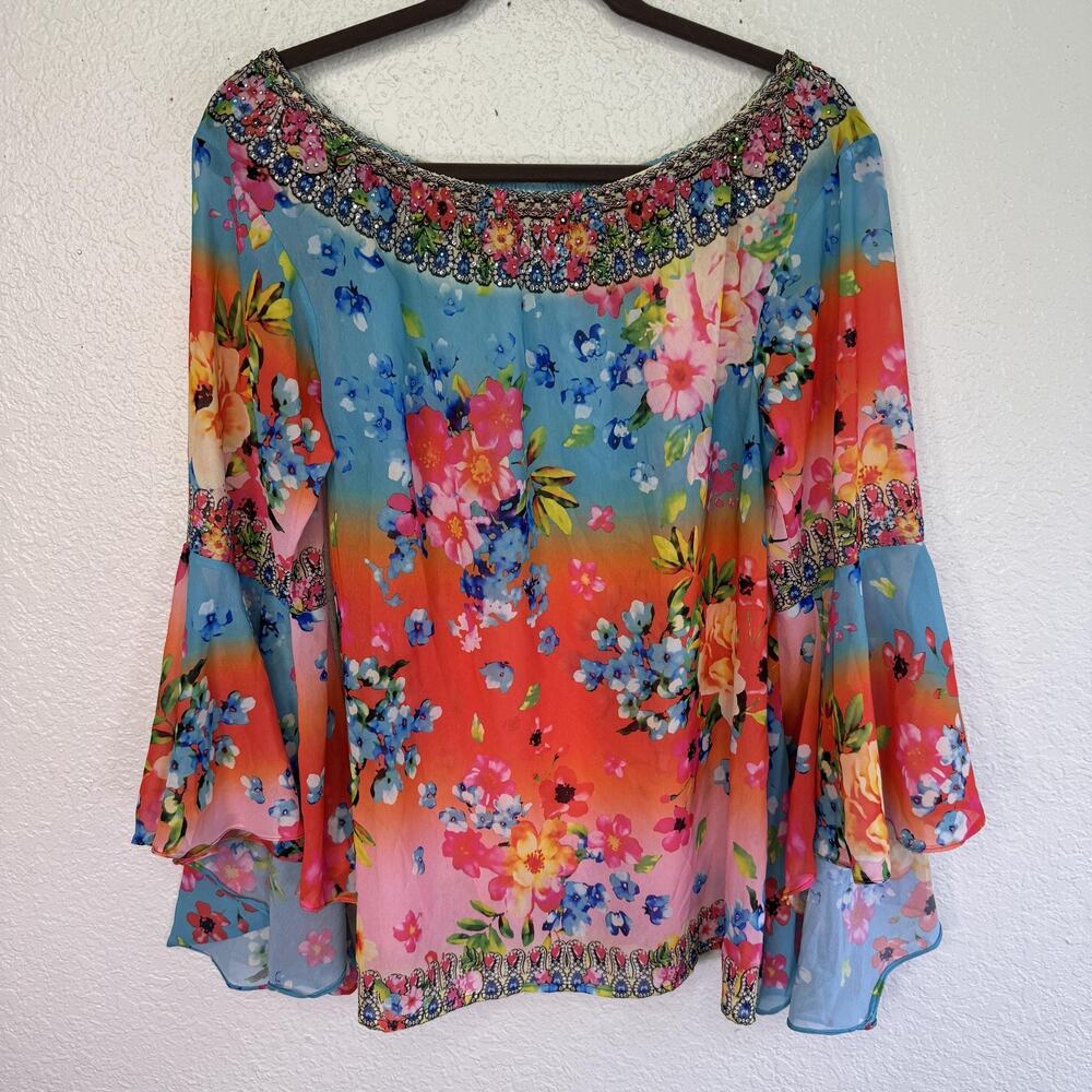 Ranee's Top Womens Large Floral Rhinestone Bell Sleeve Blouse Boho Resort Artsy
